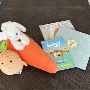Kids Easter Gift Bundle 6pc Bunny Plush Books Bluey The Good Egg Guess How Much
